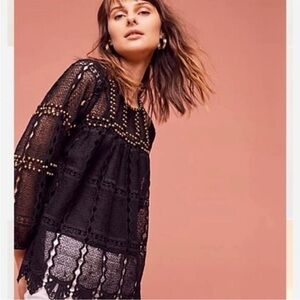 Anthropologie Maeve Auralis Black Lace Top with Grommets Size S